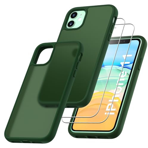 Qasyfanc Handyhülle Kompatibel mit iPhone 11, Hülle mit Kameraschutz und 2 Stück Schutzfolie, Hard PC Nie Vergilbung Case Matt Militärschutz Kratzfest rutschfest Schutzhülle, Dunkelgrün
