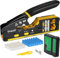 RJ45 Crimp Tool Kit, Ethernet Pass Through Crimper, Network Tool Kit, Cat5 Cat5e Cat6 Crimping Tool Repair Kit Includes Cable Tester, Mini Stripper, Blades, 50Pcs Connectors and Strain Relief Boots