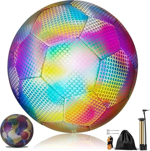 Reflective Soccer Wear-Resistance Glowing Luminous Football and Pump Glow in the Dark Official Size 5 Holographic Light up Football Bright for Kids Adults Outdoor Sports
