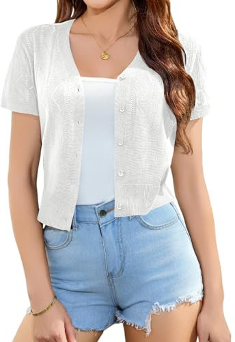 Totatuit Women's Cardigan Sweaters Short Sleeve Women Lightweight Bolero Cropped Cardigan UK Knit Shrugs for Evening 035 White M