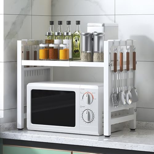 BELIFEGLORY Expandable Microwave Rack with 6 Hooks, Countertop Microwave Shelf Stand Unit, Kitchen Storage & Organisation Spice Baker Rack Coffee Station Organiser (White / 2-Tier)