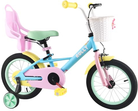 RULLY 12 Zoll Kinderfahrrad für Mädchen 2-4 Jahre (33-41 cm) – Kinderfahrrad mit Stützrädern, Puppensitz, Korb und Regenbogen-Stil.