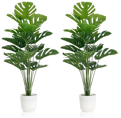 SAJANDAS Set of 2 Artificial Monstera Deliciosa Plants in Pots, Fake Tropical Trees with Greenery Leaves Stems, 32 Inch Faux Swiss Cheese Floor Plants for Home Porch, Garden, Office, Store Decor