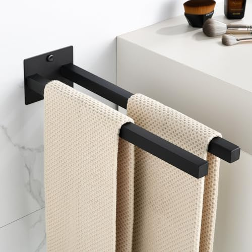 Feligio Handtuchhalter Schwarz Doppelt 37CM, Selbstklebend/Bohrmontage | 2 Montagearten, Edelstahl, Handtuchhalter Wand für Gäste wc & Dusche und Küche