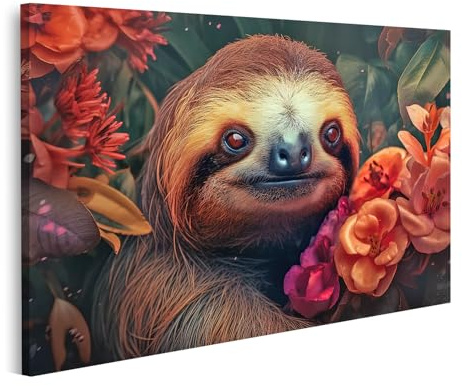 islandburner Prime Bild auf Leinwand Faultier Unter Blumen Und Blütenpracht Neugierig Dreinblickend Bilder Wandbilder Poster