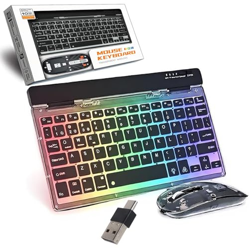 Bluetooth Tastatur & Maus kabellos Set mit Hintergrundbeleuchtung,(BT5.0/3.0+2,4G+USB-C)Tri-Mode 4-Kanal,Silent Mini Tragbare Wiederaufladbare Ultra-Dünn für Pad,Mac,PC,Laptop,Tablet,Surface,QWERTY US