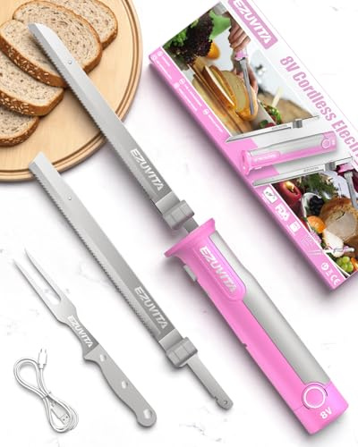 EZUVITA Cordless Electric Carving Knife Set, 8V, 2 Blades and Fork | Removable 2000mAh Battery Pack, Cordless Carving, Meat & Bread Cutting, Safety Lock, Easy Grip