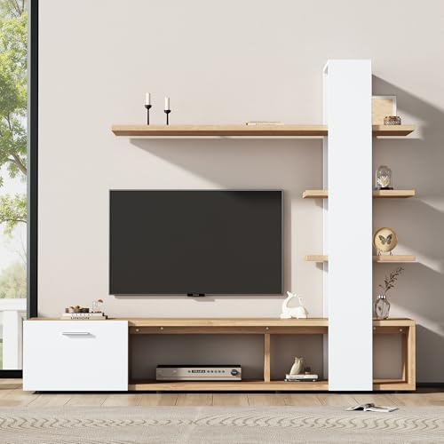 NADEUSAK Wohnzimmer-Wandschrank,Wohnzimmermöbel-Set,Geeignet für Fernseher unter 60 Zoll,Modernes Eichenweiß TV-Schrank,Lowboard,TV Wohnwand Set (Weiß+Natura)