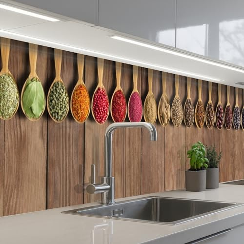 KitchenYeah© Spritzschutz Küchenrückwand Selbstklebend Küche Rückwand | 60x300 cm - Küchenwand Wand Küchenfront Verkleidung Küchenspritzschutz Löffel - Kräuter - Holz