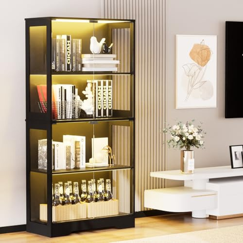 KSFASHZ Glasvitrine Vitrine mit LED Beleuchtung & Intelligente Sensorik, 4-Lagen Standvitrine Sammlervitrine für Wohnzimmer Schlafzimmer Büro, Schwarz, 80x35x165 cm