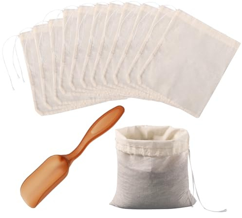 HONRIGO 50 Pack 8 x 10cm Cotton Muslin Bags with Drawstring, Reusable Mesh Bags for Cooking, Tea, Spice Storage