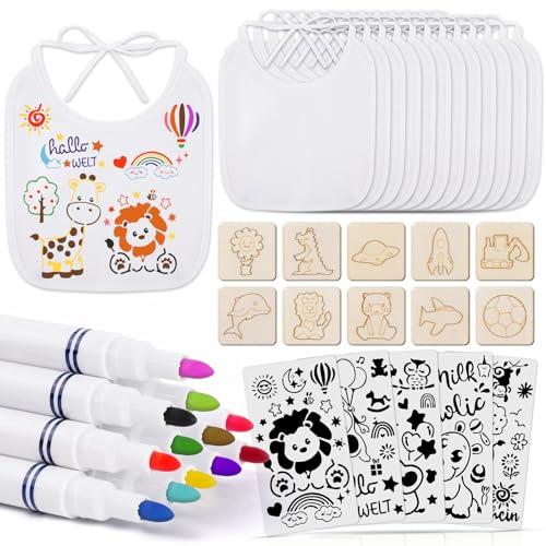 Jyunsing 12 Stück Baby Lätzchen zum Bemalen, 20 x 17.5cm Sabberlätzchen Baumwolle Wasserdichtes Doppelseitig, Lätzchen Bemalen Babyparty Spiele für 12 Pcs Bunte Textilstift 15 Pcs Malen Schablonen