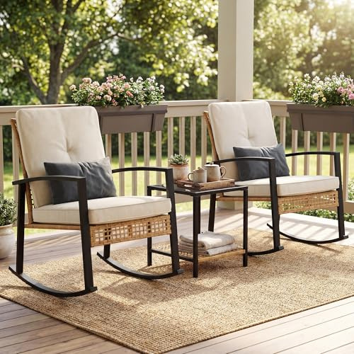 ROCSUMOO Outdoor Rocking Chair Bistro Set 3 Pieces, PE Rattan Garden Furniture Set with Cushions&Pillows&Glass Coffee Table, Anti-Slip &Ergonomic Rocking Chairs for Patio, Porch, Balcony, Conservatory
