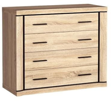 Masseno Kommode Malaga 107 cm Sideboard mit 4 Schubladen und Türen für Wohnzimmer Schlafzimmer Modern 107x45x91 cm Sonoma Eiche