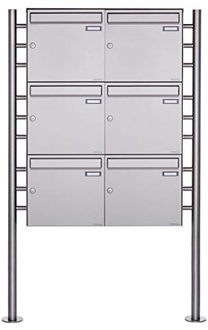 Standbriefkasten - Briefkastenanlage Design Basic 381 - Briefkasten Manufaktur Lippe (Edelstahl, 240er Korn geschliffen, 6 Briefkästen, senkrecht)
