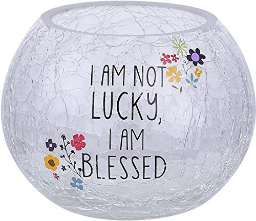 Pavilion - I'm Not Lucky, I'm Blessed - Crackled Glass Floral Round Tealight Candle Holder, 5 Inch - Tealight Not Included