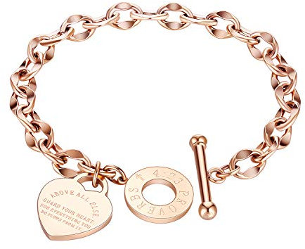 bigsoho Damen Armband Armkette Liebe Herz Anhänger Edelstahl Elegant Panzerkette (Rosegold)