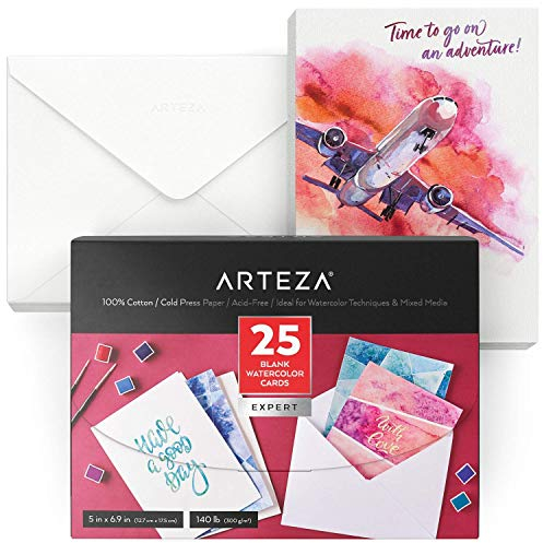 Arteza Aquarell Klappkarten blanko mit Umschlag, 12.7 x 17.46 cm, 25 Karten, 300gsm, 100% Baumwoll Aquarellpapier Postkartenformat, Aquarell Postkarten für Dankesnotizen, Einladungen & Grußkarten