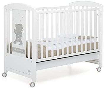 Foppapedretti Lettino con Sponda a Scomparsa My Little Love, Legno di Faggio, Made in Italy, Rete a Doghe di Faggio, Ampio Cassetto, Regolabile a Doppia Altezza, 4 ruote, 131x73x108 cm, Bianco