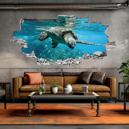 tjapalo® vr30 wandtattoo wanddurchbruch 3d Wandtattoo Wand durchburch Meer Wohnzimmer Wandtattoo Schildkröte Meeresschildkröte, Größe: B100xH47cm