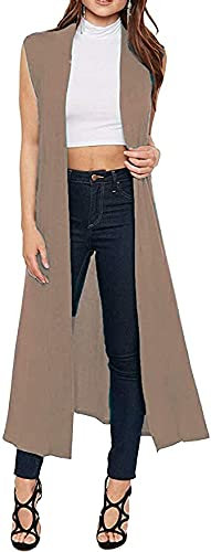 Women Open Front Maxi Full Length Boyfriend Collared Top Sleeveless Floaty Duster Jacket Coat Blazer Ladies Long Cardigan (Mocha, 22)