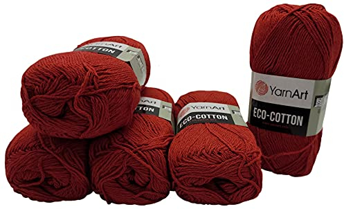 5 x 100g Strickwolle YarnArt Eco Cotton mit 85% Baumwolle, 500 Gramm Wolle einfarbig (rot 769)