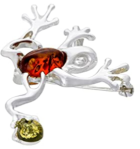 AMBEDORA Broche grenouille avec ambre pour femme - En argent sterling 925 - Ambre de la Baltique - Deux couleurs - Cadeau pour femme, Argent sterling, Ambre