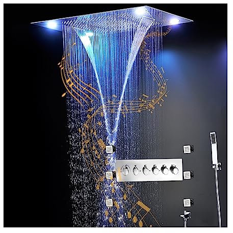 2023 New Luxury Music Shower Set,LED Big Rain Curtain Showerhead Waterfall Massage Thermostatic High Flow Faucets 2'' Body Jets LED Shower Panel (Color : Whole Shower Set, Size : 1)
