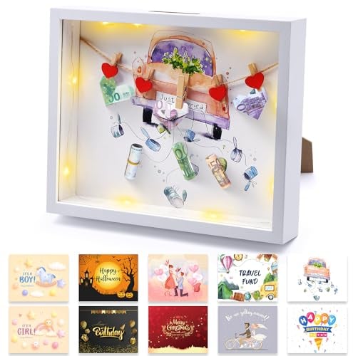 Geldgeschenk Hochzeit Spardose im Bilderrahmen, Personalisiertes Hochzeitsgeschenke für Brautpaar mit Licht, 3D Bilderrahmen zum Befüllen für Hochzeit Taufen Reisen Geburtstag