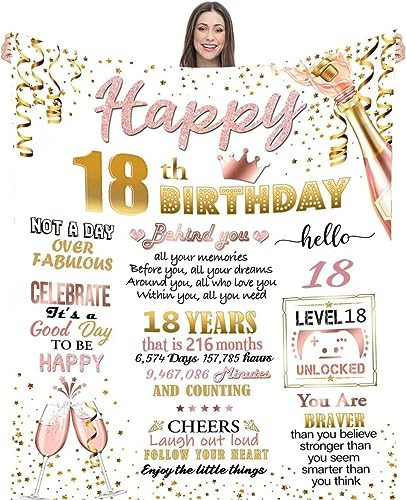 18th Birthday Gifts Blanket for Her, Birthday Gifts for Women Turning 18 Unique, Personalised Birthday Flanell Blanket for Women, Best Friends, Bestie, Sister, Daughter, Niece