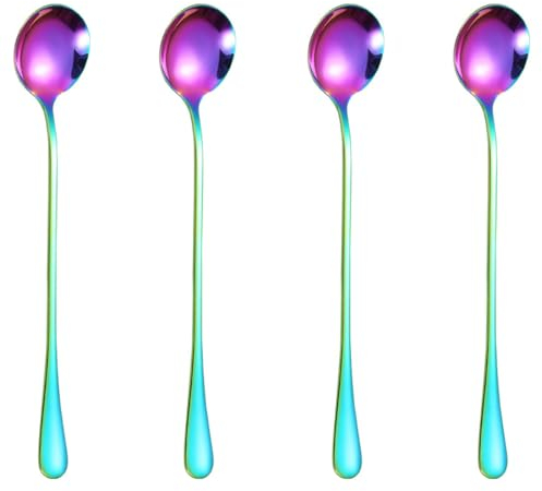 KXUSW 4 Stück Teelöffel,Kaffeelöffel, Hochwertiger Kaffeelöffel Aus Edelstahl, Kaffeelöffel Aus Edelstahl,Espressolöffel,Regenbogen Besteck,Besteck Regenbogenfarben,Spülmaschinengeeignet