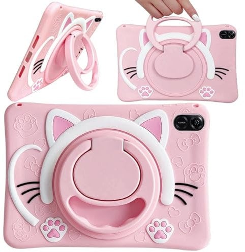 ESSTORE Case Compatible with Honor Pad X9 Tablet 11.5 Inch 2023 Cover, Cute Cat Kids Case with 360° Rotating Handle Kickstand Shockproof Rugged Heavy Duty Kids Friendly Tablet Cover, Pink