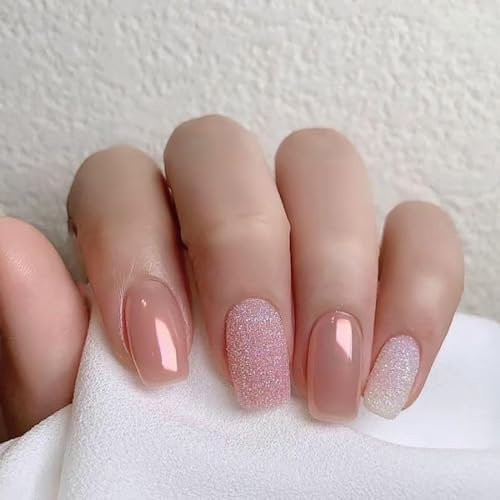 SINLOV Faux ongles courts carrés roses à paillettes brillantes à presser pour femmes et filles