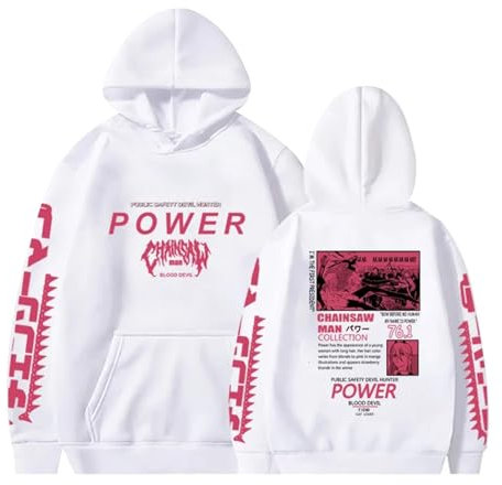 Hot Anime Chainsaw Man Hoodie Power Print Pullover Casual Hoodie Sweatshirt Men Women Pullover Long Sleeve White