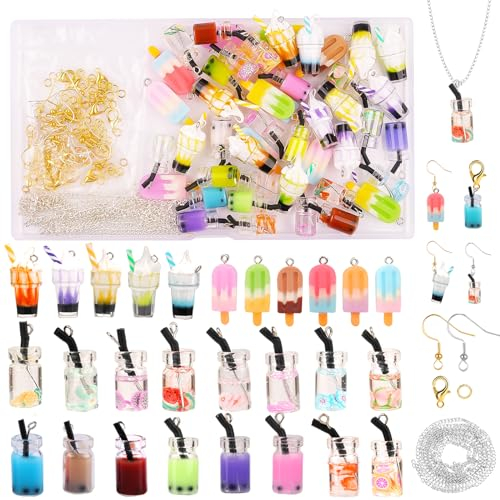 48 Stück Charms Anhänger Set,Bubble Tea Anhänger mit 81pcs Zubehör,Bastel Sachen für Ohrringe Selber Machen Set,Anhänger aus Harz,mit Aufbewahrungsbox, für DIY Armband Halsketten Ohrringe Schmuck