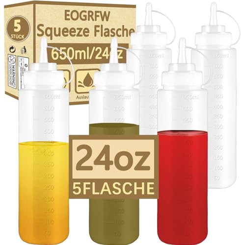 EOGRFW Lot de 5 bouteilles à presser - 650 ml - Avec bouchons - Pas de fuite - Distributeur de ketchup - Bouteille à sauce - Pour ketchup, sauce piquante, huile d'olive, sans BPA - Transparent