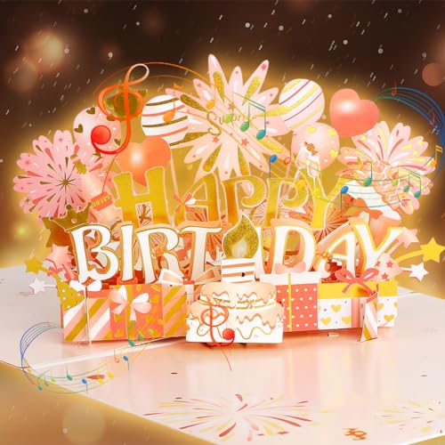 Große Geburtstagskarte 3D Pop Up Karte Geburtstag Geburtstagskarten mit Lichtern und Musik, Blowable LED Licht Kerze Happy Birthday Karten für Jungen Mädchen Männer Frauen Ehefrau Schwester, Rose Gold