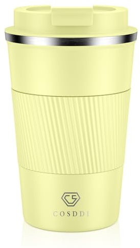 CS COSDDI Travel Mugs, Insulated Coffee Cup with Leakproof Lid - Reusable Coffee Cups Travel - Car Coffee Cup - Stainless Steel Coffee Mug for Hot and Cold Water(Yellow, 380ml)