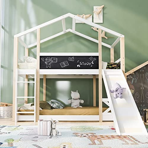 IDEASY Lit superposé avec toboggan et échelle, 90 x 200 cm, lit cabane avec sommier à lattes, lit mezzanine en bois pour adolescents, blanc