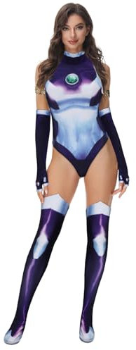 Funhoo Costume Cosplay Femme Combinaison Imprimé 3D Jumpsuit Bodysuit Gants Bas Violet Pour Fête d'Halloween Déguisement Tenue pour Adultes (Violet, M)
