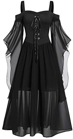 RIKAY Halloween Costumes Women Dresses Vintage Gothic Steampunk Lace Up Corset Medieval Renaissance Batwing Sleeve Plus Size Fancy Victorian Witch Cocktail Elegant Boho A-line Maxi Dress