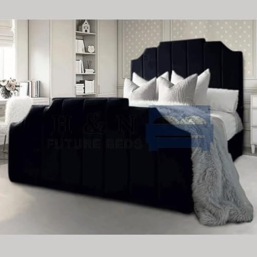 H&N FUTURE BEDS | New Double Ottoman Gas Lift Storage Bed Frame Velvet Art Deco Crown Bed (Cream Plush without Mattress, 3FT Single without Gaslift)