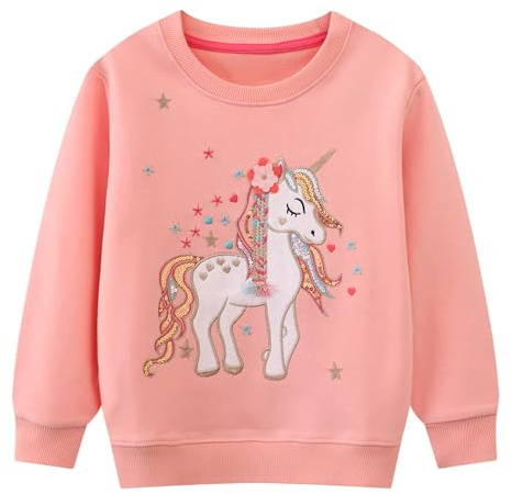 Dioshark Sweatshirt für Mädchen Glitzer Pailletten Pullover mit Langarm Rosa Baumwolle Stickerei Langarmshirt für Kleinkind Weich Frühling Herbst Pulli Casual Oberteile für Baby Kinder Alter 2-7 Jahre