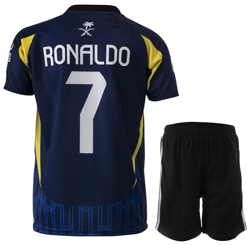 Hawkara NASSR Riyadh Al #7 Auswärtstrikot 2024/2025 Fußball Kindertrikot Shorts Set Jugendgrößen (Blau/Schwarz,164)