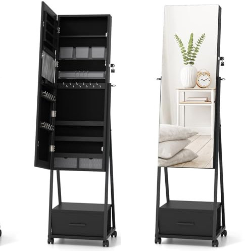 COSTWAY Mobile Jewelry Cabinet, Floor Standing Lockable Jewelry Armoire with Full Length Mirror, Drawer and Wheels, Makeup Jewellery Storage Organiser Unit for Bedroom Dressing Room (Black)