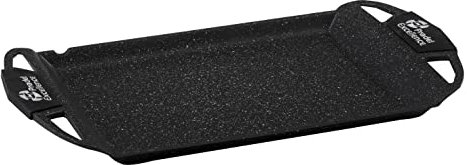 Pradel Excellence, PCUI001029, Plancha Premium aus Aluguss, Antihaftbeschichtung in Steinoptik, Glatter Boden, 2 Griffschützer, alle Herdarten, 48x28cm, Schwarz