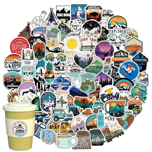 100 Stück Outdoor Camping Aufkleber, Camping Abenteuer Wasserdicht Stickers, Etiketten Retro Vinyl Aufkleber, Reise Aufkleber Set für Laptop, Koffer, Helm, Motorrad, Wasserflaschen, Gepäck, Telefon