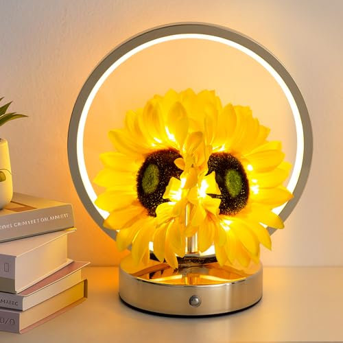 Lampada da tavolo a forma di girasoli, lampada da tavolo senza fili, a 3 vie, dimmerabile, piccola lampada da comodino per soggiorno, ufficio, casa, regalo di compleanno per nonne, mamma e donne