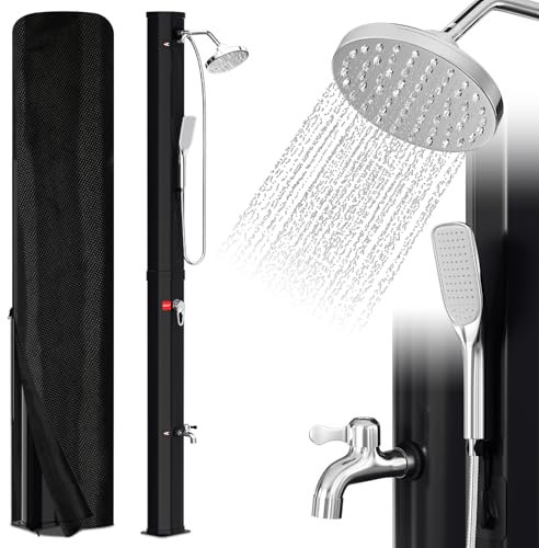Eulenke Solardusche Garten 35 Liter | Gartendusche Solar | warmes Wasser max. 60 °C | außendusche mit handbrause & Wasserhahn | Inkl. Schutzhaube | Regenduschkopf und Wasserhahn | Schwarz