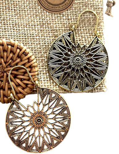 Pendientes Flor Árabe Dorados Estilo Bohemio Vintage Chapados en Oro 14K | Aretes Diseño Geométrico Hueco, Occidental Vintage, Joyería Artesanal Hecha en Córdoba-España Original (Rosa Azahara Dorados)